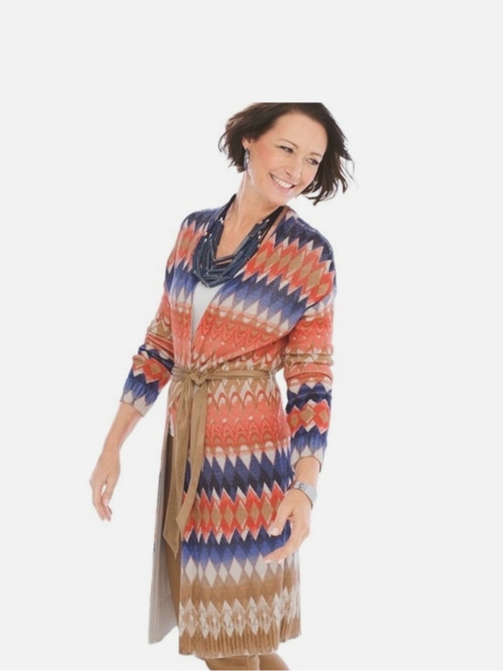Chico’s Ikat Freya Duster Cardigan Sweater with Belt Chevron size 1